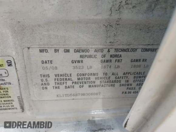 ✅ 2009 Chevrolet Aveo 1LT • VIN: KL1TD56E79B306087 • Lot: 42839385. Listed on IAAI with 151,681 mi. Free auction sales archive from the USA and detailed vehicle history report at DreamBid. Image 9.