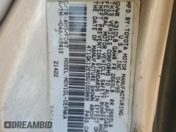 ✅ 1995 Toyota Camry LE • VIN: 4T1GK12E9SU100869 • Lot: 80628715. Wystawiony na Copart z przebiegiem 310 283 mil. Bezpłatny archiwum sprzedaży aukcyjnych z USA i szczegółowy raport historii pojazdu na DreamBid. Zdjęcie 12.