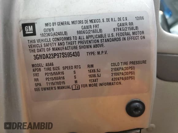 ✅ 2007 Chevrolet HHR LT • VIN: 3GNDA23P97S595430 • Lot: 46327255. Listed on Copart with 174,988 mi. Free auction sales archive from the USA and detailed vehicle history report at DreamBid. Image 16.