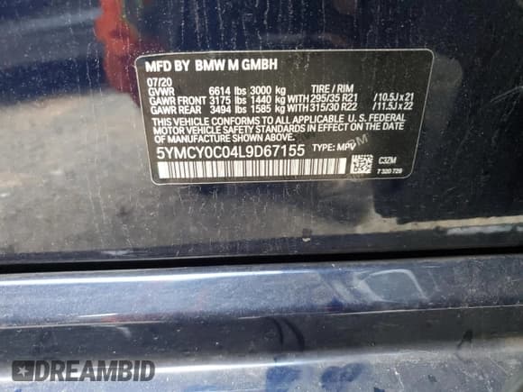 ✅ 2020 BMW X6 M Competition • VIN: 5YMCY0C04L9D67155 • Lot: 47011944. Listed on Copart with 33,244 mi. Free auction sales archive from the USA and detailed vehicle history report at DreamBid. Image 14.