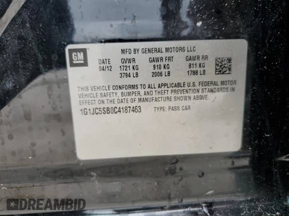 2012 Chevrolet Sonic LT z VIN 1G1JC5SB0C4187463, wystawiony jako Copart lot #68758074 z przebiegiem 123 060 mil mil oraz Szkoda całkowita • Salvage title. Historia ofert i sprzedaży dostępna na DreamBid. Obrazek 14.