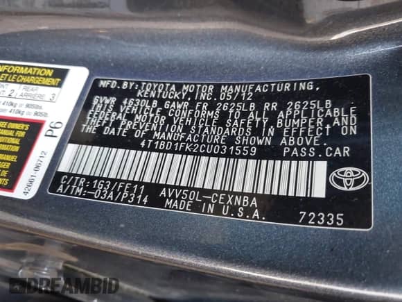 2012 Toyota Camry XLE with VIN 4T1BD1FK2CU031559, listed as a IAAI auction lot 42641092 with 226,284 mi miles and . Bid and sale history available at DreamBid. Image 9.