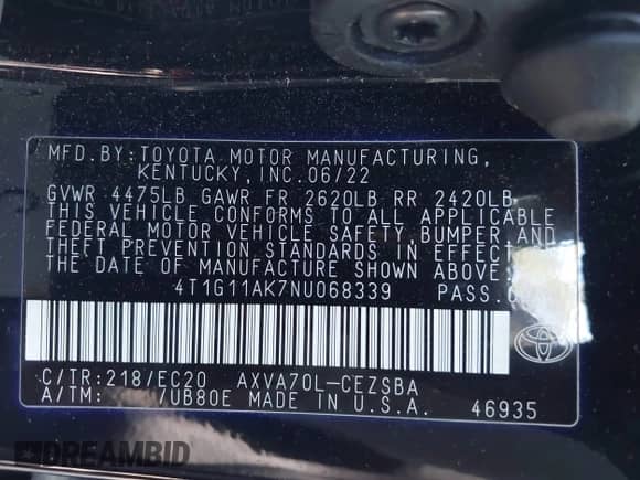 2022 Toyota Camry SE z VIN 4T1G11AK7NU068339, wystawiony jako IAAI lot #42534773 z przebiegiem 33 661 mil mil oraz . Historia ofert i sprzedaży dostępna na DreamBid. Obrazek 9.