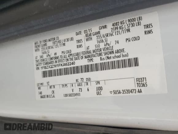 ✅ 2015 Ford Transit XL • VIN: 1FBZX2ZM1FKA62240 • Lot: 60873265. Wystawiony na Copart z przebiegiem 195 271 mil. Bezpłatny archiwum sprzedaży aukcyjnych z USA i szczegółowy raport historii pojazdu na DreamBid. Zdjęcie 13.
