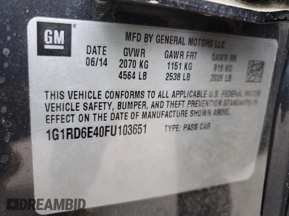 ✅ 2015 Chevrolet Volt • VIN: 1G1RD6E40FU103651 • Lot: 57288854. Wystawiony na Copart z przebiegiem 83 222 mil. Bezpłatny archiwum sprzedaży aukcyjnych z USA i szczegółowy raport historii pojazdu na DreamBid. Zdjęcie 12.