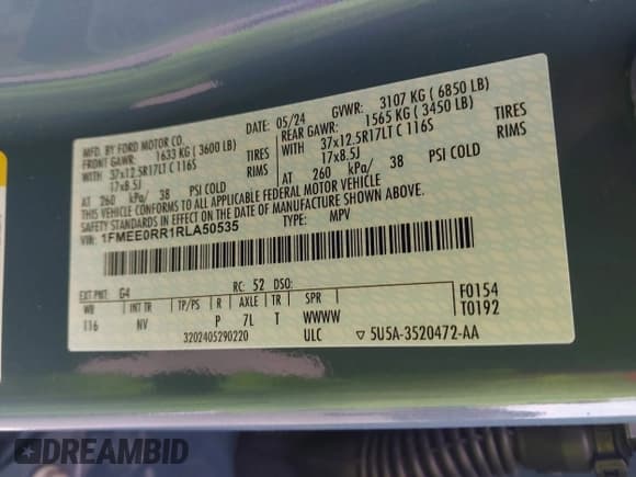 ✅ 2024 Ford Bronco Raptor • VIN: 1FMEE0RR1RLA50535 • Lot: 43545315. Listed on IAAI with 4,965 mi. Free auction sales archive from the USA and detailed vehicle history report at DreamBid. Image 9.