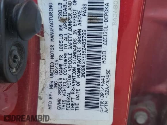 ✅ 2005 Toyota Corolla CE • VIN: 1NXBR32E15Z485799 • Lot: 53170715. Listed on Copart with 148,815 mi. Free auction sales archive from the USA and detailed vehicle history report at DreamBid. Image 12.