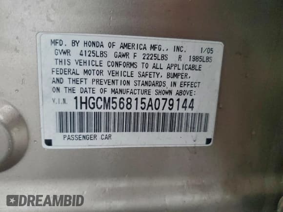 ✅ 2005 Honda Accord EX-L • VIN: 1HGCM56815A079144 • Lot: 95557175. Wystawiony na Copart z przebiegiem 216 647 mil. Bezpłatny archiwum sprzedaży aukcyjnych z USA i szczegółowy raport historii pojazdu na DreamBid. Zdjęcie 13.
