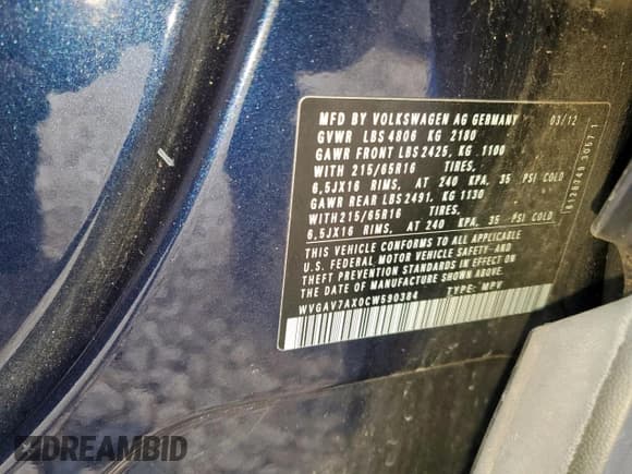 ✅ 2012 Volkswagen Tiguan SE • VIN: WVGAV7AX0CW590384 • Lot: 59136155. Listed on Copart with 129,726 mi. Free auction sales archive from the USA and detailed vehicle history report at DreamBid. Image 13.