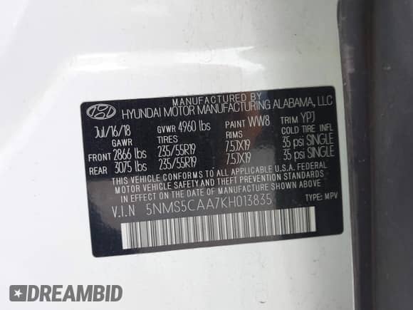 2019 Hyundai Santa Fe Limited с VIN 5NMS5CAA7KH013835, выставлен на аукционе IAAI как лот 43274662 с пробегом 118 851 миль миль и . История ставок и продаж доступна на DreamBid. Изображение 8.