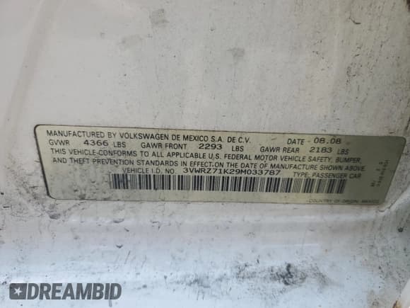 ✅ 2009 Volkswagen Jetta SE • VIN: 3VWRZ71K29M033787 • Lot: 61969945. Listed on Copart with 175,785 mi. Free auction sales archive from the USA and detailed vehicle history report at DreamBid. Image 12.