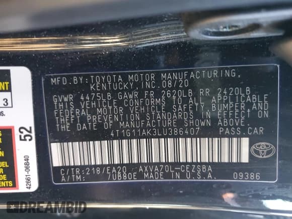 ✅ 2020 Toyota Camry SE • VIN: 4T1G11AK3LU386407 • Лот: 91692155. Опубликован ранее на Copart с пробегом 125 776 миль. Бесплатный доступ к архиву аукционных продаж из США и подробный отчёт об истории автомобиля на DreamBid. Изображение 12.