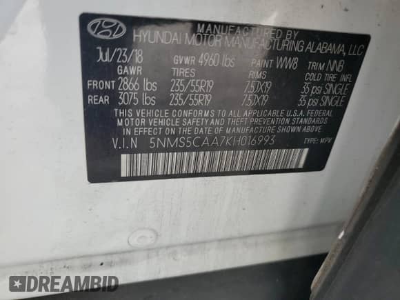 2019 Hyundai Santa Fe Limited with VIN 5NMS5CAA7KH016993, listed as a Copart auction lot 81120725 with 119,440 mi miles and Clean title. Bid and sale history available at DreamBid. Image 12.