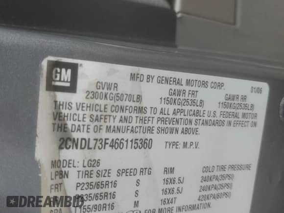 2006 Chevrolet Equinox LT z VIN 2CNDL73F466115360, wystawiony jako Copart lot #69888504 z przebiegiem 141 411 mil mil oraz Szkoda całkowita • Salvage title. Historia ofert i sprzedaży dostępna na DreamBid. Obrazek 13.