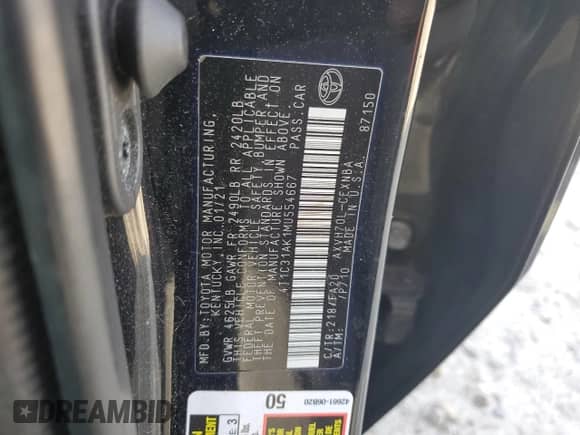 2021 Toyota Camry Hybrid LE with VIN 4T1C31AK1MU554667, listed as a Copart auction lot 72074985 with 214,321 mi miles and Salvage title. Bid and sale history available at DreamBid. Image 12.