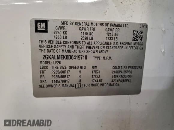 ✅ 2013 GMC Terrain SLE • VIN: 2GKALMEK0D6419710 • Lot: 95948115. Listed on Copart with 108,033 mi. Free auction sales archive from the USA and detailed vehicle history report at DreamBid. Image 13.