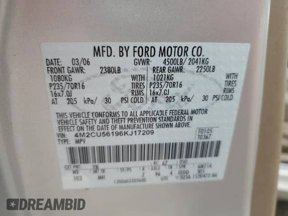 2006 Mercury Mariner Luxury z VIN 4M2CU56196KJ17209, wystawiony jako Copart lot #58450665 z przebiegiem 239 728 mil mil oraz Szkoda całkowita • Salvage title. Historia ofert i sprzedaży dostępna na DreamBid. Obrazek 13.