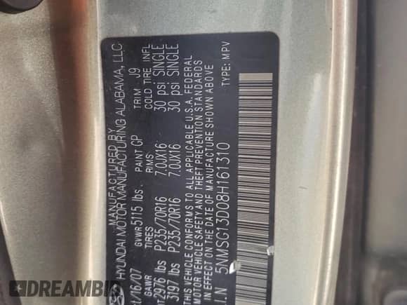 2008 Hyundai Santa Fe GLS with VIN 5NMSG13D08H161310, listed as a Copart auction lot 68065324 with Not provided miles and Salvage title. Bid and sale history available at DreamBid. Image 14.