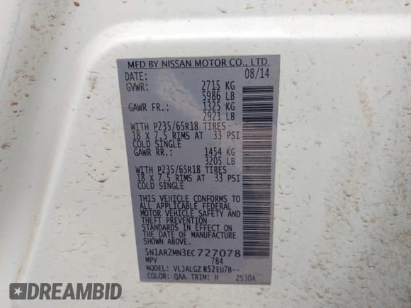 ✅ 2014 Nissan Pathfinder Platinum • VIN: 5N1AR2MN3EC727078 • Lot: 42076108. Wystawiony na IAAI z przebiegiem 181 936 mil. Bezpłatny archiwum sprzedaży aukcyjnych z USA i szczegółowy raport historii pojazdu na DreamBid. Zdjęcie 9.