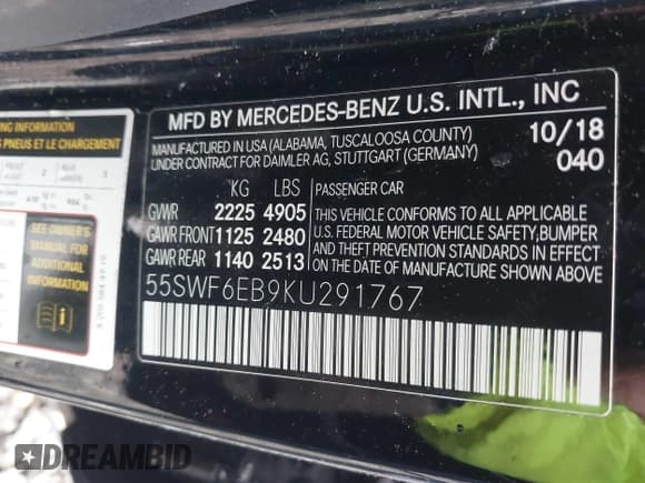 ✅ 2019 Mercedes-Benz C 43 AMG • VIN: 55SWF6EB9KU291767 • Lot: 41584111. Wystawiony na IAAI z przebiegiem 77 740 mil. Bezpłatny archiwum sprzedaży aukcyjnych z USA i szczegółowy raport historii pojazdu na DreamBid. Zdjęcie 9.