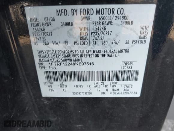 ✅ 2008 Ford F-150 XL • VIN: 1FTRF12248KE97516 • Lot: 43355715. Listed on IAAI with 113,971 mi. Free auction sales archive from the USA and detailed vehicle history report at DreamBid. Image 9.