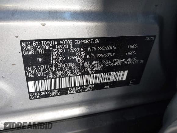 ✅ 2024 Toyota RAV4 Hybrid XSE • VIN: JTME6RFV2RD565349 • Lot: 43512877. Listed on IAAI with 27,927 mi. Free auction sales archive from the USA and detailed vehicle history report at DreamBid. Image 9.