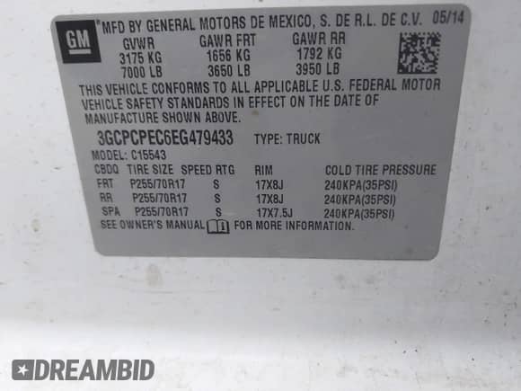 2014 Chevrolet Silverado 1500 Work Truck with VIN 3GCPCPEC6EG479433, listed as a IAAI auction lot 41425682 with 55,463 mi miles and . Bid and sale history available at DreamBid. Image 9.