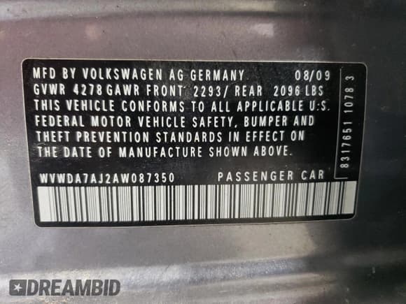 ✅ 2010 Volkswagen Golf • VIN: WVWDA7AJ2AW087350 • Lot: 69812555. Listed on Copart with 151,292 mi. Free auction sales archive from the USA and detailed vehicle history report at DreamBid. Image 12.