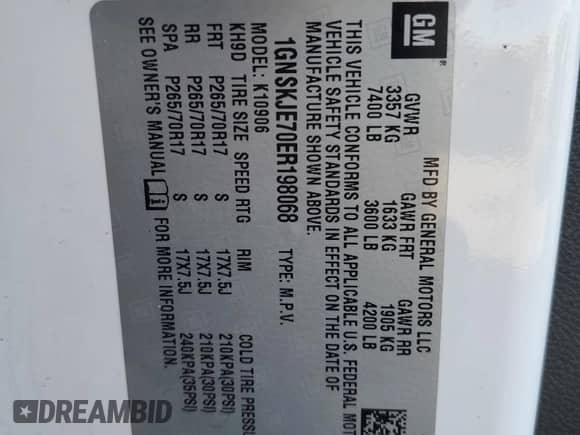 2014 Chevrolet Suburban LT z VIN 1GNSKJE70ER198068, wystawiony jako Copart lot #85145605 z przebiegiem 97 369 mil mil oraz Szkoda całkowita • Salvage title. Historia ofert i sprzedaży dostępna na DreamBid. Obrazek 13.