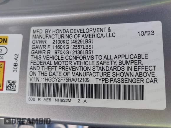 2024 Honda Accord Sport-L с VIN 1HGCY2F75RA012109, выставлен на аукционе IAAI как лот 43236975 с пробегом 16 140 миль миль и . История ставок и продаж доступна на DreamBid. Изображение 9.