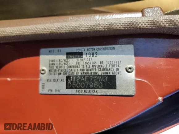 ✅ 1983 Toyota Corolla • VIN: JT2AE72W3D5007980 • Lot: 81855344. Listed on Copart with 124,611 mi. Free auction sales archive from the USA and detailed vehicle history report at DreamBid. Image 13.