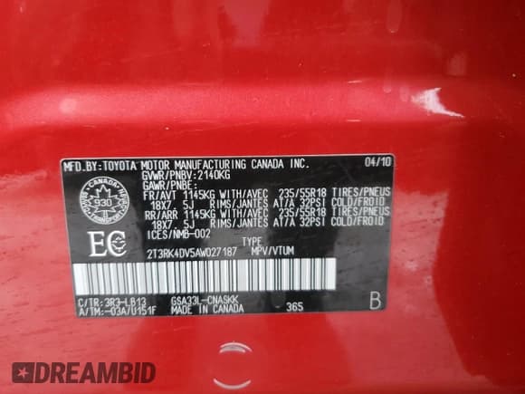 ✅ 2010 Toyota RAV4 Sport • VIN: 2T3RK4DV5AW027187 • Lot: 88489125. Listed on Copart with 277,967 mi. Free auction sales archive from the USA and detailed vehicle history report at DreamBid. Image 13.