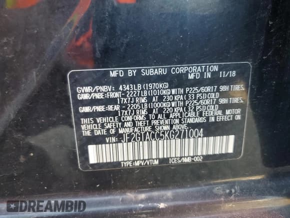 ✅ 2019 Subaru Crosstrek Premium • VIN: JF2GTACC5KG271004 • Lot: 68480615. Listed on Copart with 86,877 mi. Free auction sales archive from the USA and detailed vehicle history report at DreamBid. Image 13.