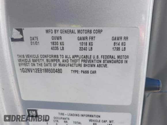 ✅ 2001 Pontiac Grand Am GT1 • VIN: 1G2NV12E81M600480 • Lot: 41493128. Wystawiony na IAAI z przebiegiem 183 809 mil. Bezpłatny archiwum sprzedaży aukcyjnych z USA i szczegółowy raport historii pojazdu na DreamBid. Zdjęcie 9.