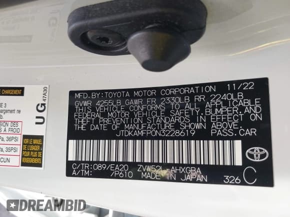 ✅ 2022 Toyota Prius LE • VIN: JTDKAMFP0N3228619 • Лот: 43339281. Опубликован ранее на IAAI с пробегом 73 095 миль. Бесплатный доступ к архиву аукционных продаж из США и подробный отчёт об истории автомобиля на DreamBid. Изображение 9.