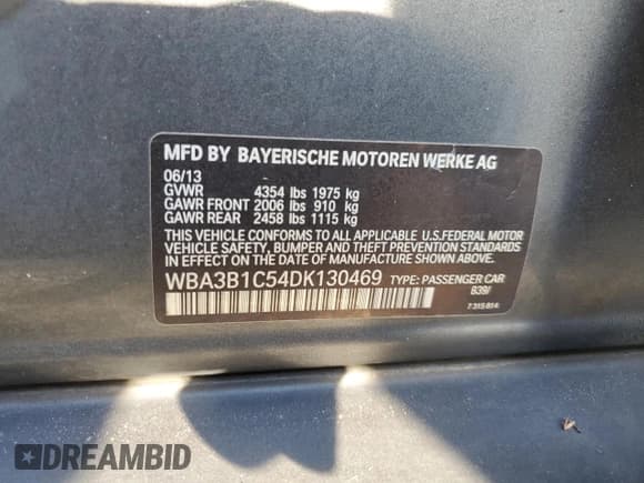 ✅ 2013 BMW 3 Series 320i • VIN: WBA3B1C54DK130469 • Lot: 93532085. Wystawiony na Copart z przebiegiem 218 297 mil. Bezpłatny archiwum sprzedaży aukcyjnych z USA i szczegółowy raport historii pojazdu na DreamBid. Zdjęcie 12.