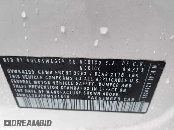 ✅ 2013 Volkswagen Jetta TDI w/Premium • VIN: 3VWLL7AJ2DM291816 • Lot: 42213205. Listed on IAAI with 60,927 mi. Free auction sales archive from the USA and detailed vehicle history report at DreamBid. Image 9.