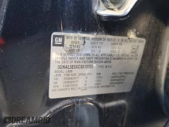 2012 Chevrolet Captiva Sport LT z VIN 3GNAL3E5XCS613703, wystawiony jako Copart lot #83405654 z przebiegiem 128 792 mil mil oraz Szkoda całkowita • Salvage title. Historia ofert i sprzedaży dostępna na DreamBid. Obrazek 13.