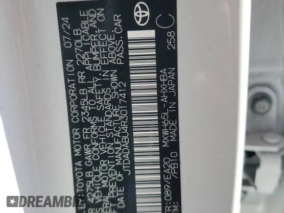 2024 Toyota Prius LE with VIN JTDADABU4R3017412, listed as a Copart auction lot 80199285 with 4,623 mi miles and Salvage title. Bid and sale history available at DreamBid. Image 12.