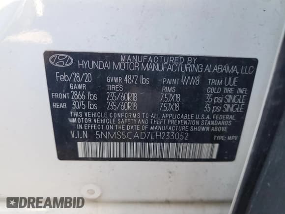 ✅ 2020 Hyundai Santa Fe Limited • VIN: 5NMS5CAD7LH233052 • Lot: 56385674. Wystawiony na Copart z przebiegiem 80 022 mil. Bezpłatny archiwum sprzedaży aukcyjnych z USA i szczegółowy raport historii pojazdu na DreamBid. Zdjęcie 14.