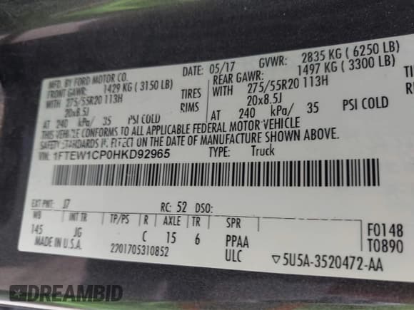 ✅ 2017 Ford F-150 XL • VIN: 1FTEW1CP0HKD92965 • Lot: 42690554. Listed on IAAI with 157,960 mi. Free auction sales archive from the USA and detailed vehicle history report at DreamBid. Image 9.