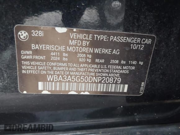 ✅ 2013 BMW 3 Series 328i • VIN: WBA3A5G50DNP20879 • Lot: 43895200. Listed on IAAI with Not provided. Free auction sales archive from the USA and detailed vehicle history report at DreamBid. Image 9.