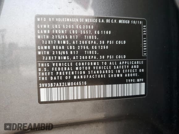 ✅ 2020 Volkswagen Tiguan SE • VIN: 3VV3B7AX2LM044516 • Lot: 53893325. Wystawiony na Copart z przebiegiem 102 456 mil. Bezpłatny archiwum sprzedaży aukcyjnych z USA i szczegółowy raport historii pojazdu na DreamBid. Zdjęcie 14.