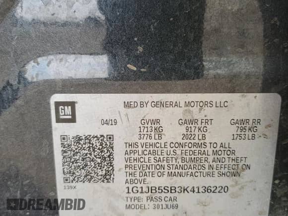 2019 Chevrolet Sonic LS with VIN 1G1JB5SB3K4136220, listed as a Copart auction lot 50781265 with 45,308 mi miles and Non repairable. Bid and sale history available at DreamBid. Image 12.