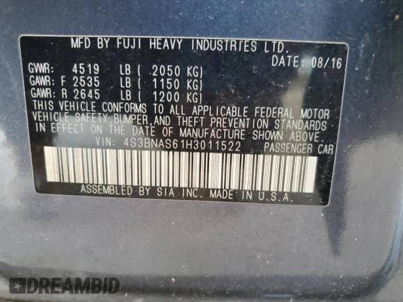 ✅ 2017 Subaru Legacy Special Sports • VIN: 4S3BNAS61H3011522 • Лот: 66750275. Опубликован ранее на Copart с пробегом 168 006 миль. Бесплатный доступ к архиву аукционных продаж из США и подробный отчёт об истории автомобиля на DreamBid. Изображение 12.