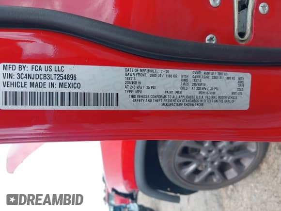 2020 Jeep Compass Limited с VIN 3C4NJDCB3LT254896, выставлен на аукционе IAAI как лот 42757767 с пробегом 33 114 миль миль и . История ставок и продаж доступна на DreamBid. Изображение 9.