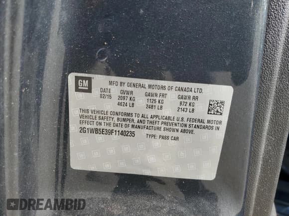 ✅ 2015 Chevrolet Impala LT • VIN: 2G1WB5E39F1140235 • Лот: 39364624. Опубликован ранее на Copart с пробегом 177 660 миль. Бесплатный доступ к архиву аукционных продаж из США и подробный отчёт об истории автомобиля на DreamBid. Изображение 12.