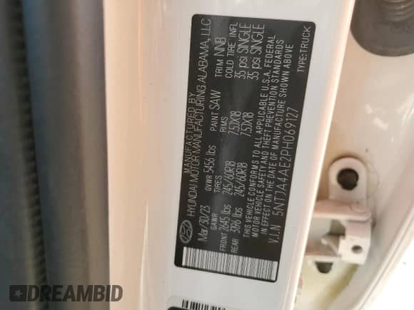 2023 Hyundai Santa Cruz SE с VIN 5NTJA4AE2PH069127, выставлен на аукционе Copart как лот 88811635 с пробегом Не указан миль и Списание • Salvage title. История ставок и продаж доступна на DreamBid. Изображение 13.