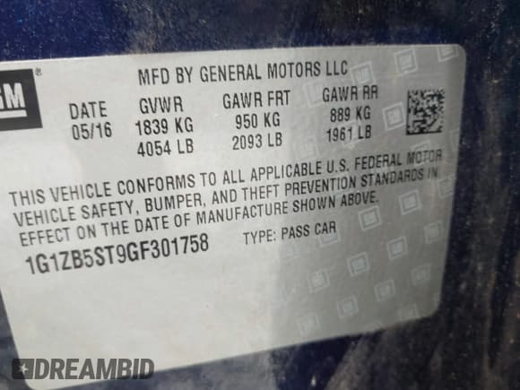 ✅ 2016 Chevrolet Malibu LS • VIN: 1G1ZB5ST9GF301758 • Lot: 42115429. Listed on IAAI with 58,778 mi. Free auction sales archive from the USA and detailed vehicle history report at DreamBid. Image 9.