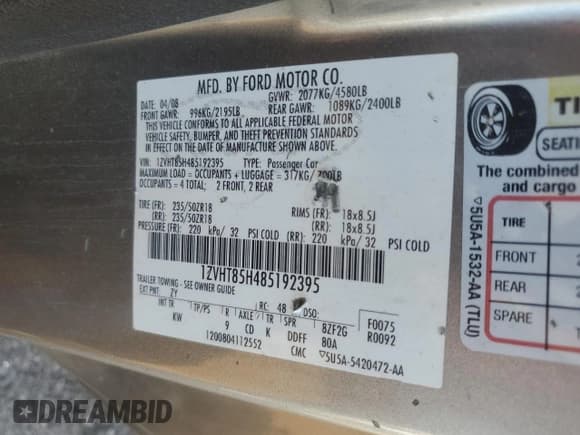 ✅ 2008 Ford Mustang GT Deluxe • VIN: 1ZVHT85H485192395 • Lot: 81083065. Listed on Copart with Not provided. Free auction sales archive from the USA and detailed vehicle history report at DreamBid. Image 13.